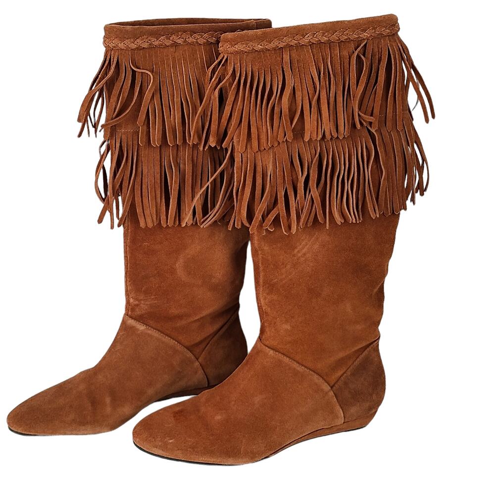 Gianni Bini rust suede slouchy knee high fringed boots boho casual 7.5
